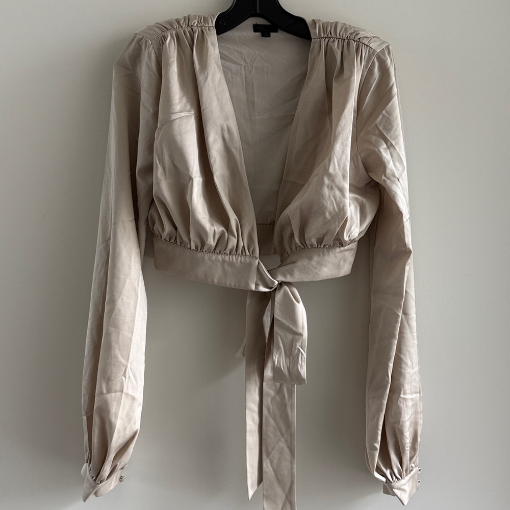 REVOLVE NBD Imogen Satin Crop Top Long Sleeve Wrap Color Champagne Small - Picture 6 of 12